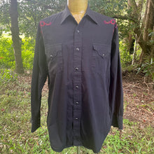 Load image into Gallery viewer, 1990&#39;s Vintage Western Shirt Black Guitar Embroidered Snaps L/S Sz L - OOAK - Phoenix Menswear