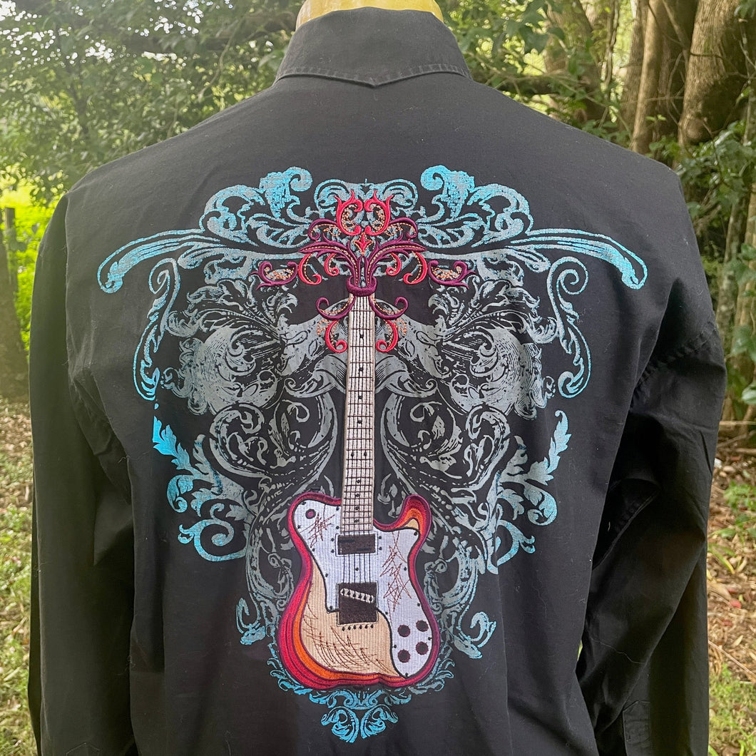 1990's Vintage Western Shirt Black Guitar Embroidered Snaps L/S Sz L - OOAK - Phoenix Menswear