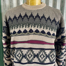 Load image into Gallery viewer, 1990&#39;s Vintage Wool Knit Jumper Blue Green Burgundy Geometric Made in Australia Sz L - OOAK - Phoenix Menswear