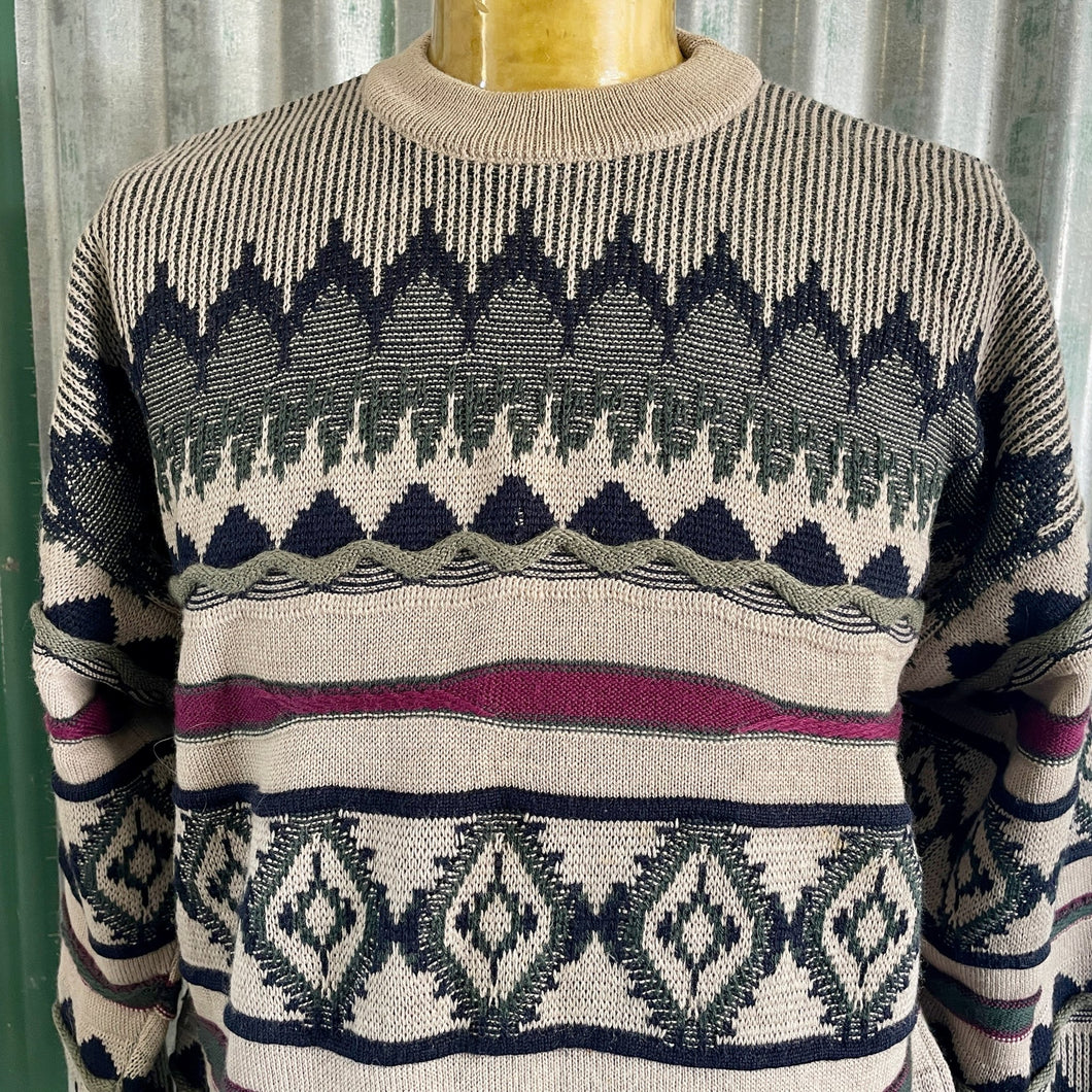 1990's Vintage Wool Knit Jumper Blue Green Burgundy Geometric Made in Australia Sz L - OOAK - Phoenix Menswear