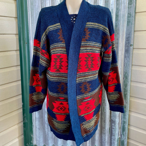 1990's Women's Blue Red Striped Knit Cardigan Sweater Made in the USA Sz L - OOAK - Phoenix Menswear