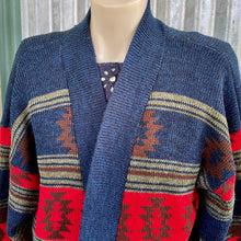 Load image into Gallery viewer, 1990&#39;s Women&#39;s Blue Red Striped Knit Cardigan Sweater Made in the USA Sz L - OOAK - Phoenix Menswear