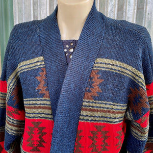 1990's Women's Blue Red Striped Knit Cardigan Sweater Made in the USA Sz L - OOAK - Phoenix Menswear