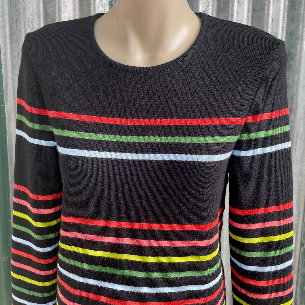 1990's Women's Wool Blend Striped Jumper Pullover Black Rainbow Made in France Sz S - OOAK - Phoenix Menswear