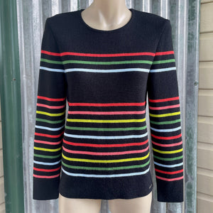 1990's Women's Wool Blend Striped Jumper Pullover Black Rainbow Made in France Sz S - OOAK - Phoenix Menswear