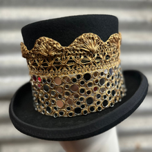 Load image into Gallery viewer, Immortal Kraft Wool Felt Top Hat Metallic Gold Ribbon Lace Mirror Mosaic Trim Sz M - OOAK zz