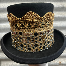 Load image into Gallery viewer, Immortal Kraft Wool Felt Top Hat Metallic Gold Ribbon Lace Mirror Mosaic Trim Sz M - OOAK zz
