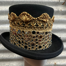 Load image into Gallery viewer, Immortal Kraft Wool Felt Top Hat Metallic Gold Ribbon Lace Mirror Mosaic Trim Sz M - OOAK zz