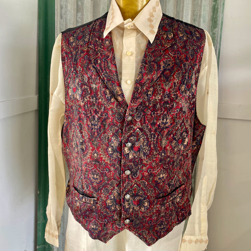 1990's Vintage Frontier Vest Old West Floral Burgundy Navy Taupe Size XXL - OOAK