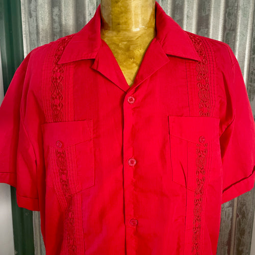 1990's Vintage Guayabera Red Embroidered Pockets S/S Shirt Sz XL - OOAK