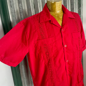 1990's Vintage Guayabera Red Embroidered Pockets S/S Shirt Sz XL - OOAK