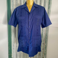 Load image into Gallery viewer, 1990&#39;s Vintage Guayabera Embroidered Pockets Navy Blue S/S Shirt Sz M - OOAK