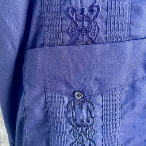 1990's Vintage Guayabera Embroidered Pockets Navy Blue S/S Shirt Sz M - OOAK