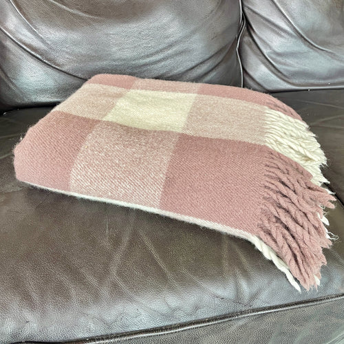 1970's Vintage Wool Blanket Throw Knee Warmer Cream Beige Check - OOAK