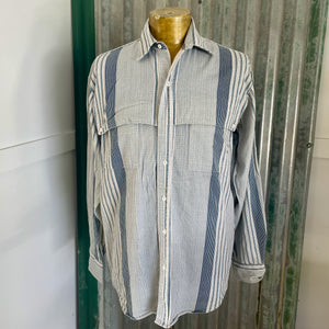 Vintage 1980's Western Blue White Striped L/S Shirt Made in USA Sz M - OOAK