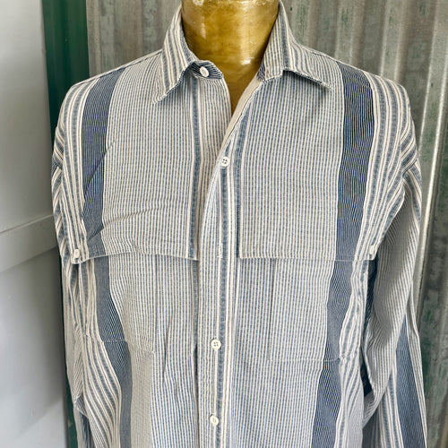 Vintage 1980's Western Blue White Striped L/S Shirt Made in USA Sz M - OOAK