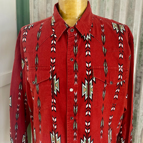 Vintage 1990's Western Aztec Rust Brown L/S Shirt Snaps Sz XL - OOAK