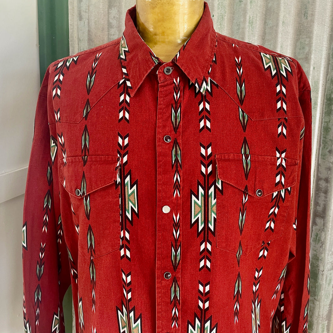 Vintage 1990's Western Aztec Rust Brown L/S Shirt Snaps Sz XL - OOAK