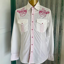 Load image into Gallery viewer, Vintage 1990&#39;s Western Embroidered White Pink L/S Shirt Snaps Sz M - OOAK