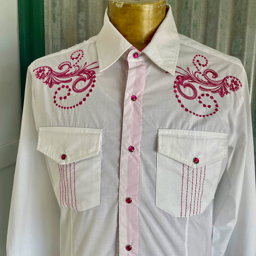 Vintage 1990's Western Embroidered White Pink L/S Shirt Snaps Sz M - OOAK