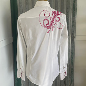 Vintage 1990's Western Embroidered White Pink L/S Shirt Snaps Sz M - OOAK