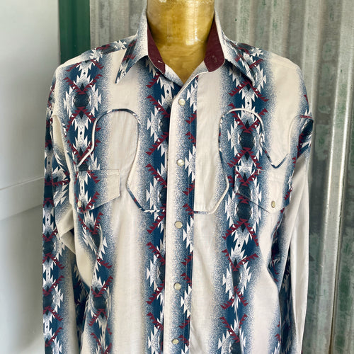 Vintage 1990's Western Aztec White Blue Red L/S Shirt Snaps Sz 2XL  - OOAK
