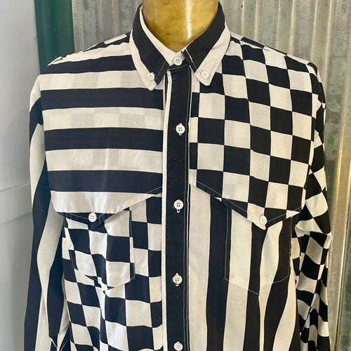 Vintage 1980's Western Check White Black L/S Shirt Made in USA Sz XXL - OOAK