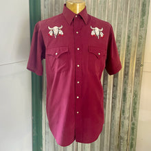 Load image into Gallery viewer, Vintage 1980&#39;s Western Burgundy S/S Shirt Embroidered Buffalo Snaps Made in USA Sz M - OOAK