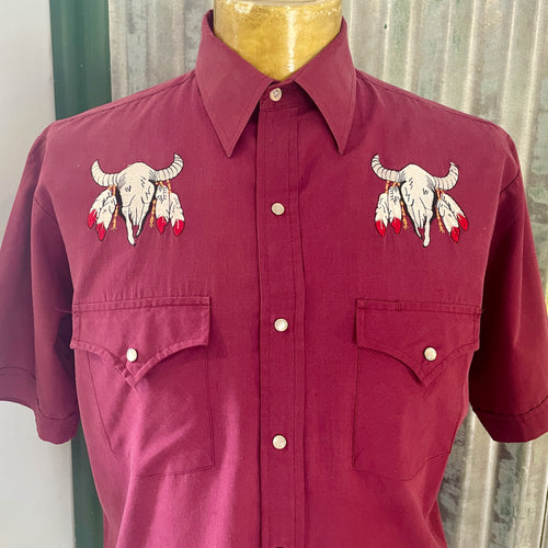 Vintage 1980's Western Burgundy S/S Shirt Embroidered Buffalo Snaps Made in USA Sz M - OOAK