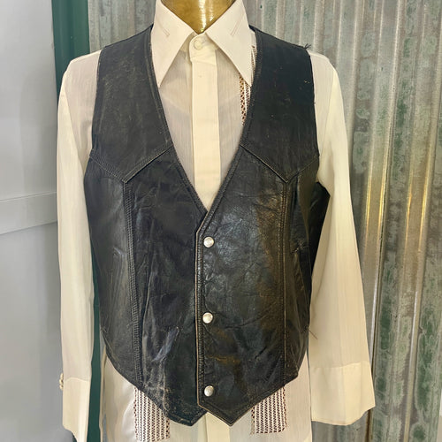 1980's Vintage Black Leather Vest Made in Mexico Sz L - OOAK