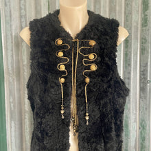 Load image into Gallery viewer, Immortal Kraft Handmade Black Fake Fur Vest Gold Embellishments Vintage Buttons Sz S  - OOAK