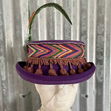 Load image into Gallery viewer, Immortal Kraft Wool Felt Top Hat Purple Vintage Embroidered Trim Feathers Fringe Circus Sz XL - OOAK zz