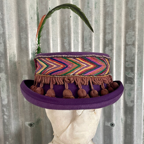 Immortal Kraft Wool Felt Top Hat Purple Vintage Embroidered Trim Feathers Fringe Circus Sz XL - OOAK