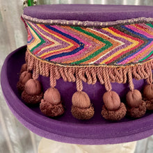 Load image into Gallery viewer, Immortal Kraft Wool Felt Top Hat Purple Vintage Embroidered Trim Feathers Fringe Circus Sz XL - OOAK zz