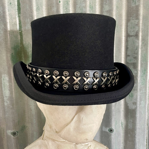 Immortal Kraft Wool Felt Top Hat Black Silver Netal Leather Goth Trim Steampunk Circus Sz L - OOAK