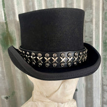 Load image into Gallery viewer, Immortal Kraft Wool Felt Top Hat Black Silver Netal Leather Goth Trim Steampunk Circus Sz L - OOAK