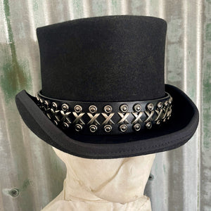 Immortal Kraft Wool Felt Top Hat Black Silver Netal Leather Goth Trim Steampunk Circus Sz L - OOAK