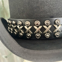 Load image into Gallery viewer, Immortal Kraft Wool Felt Top Hat Black Silver Netal Leather Goth Trim Steampunk Circus Sz L - OOAK