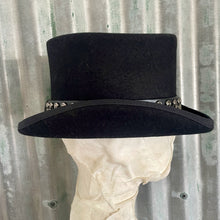 Load image into Gallery viewer, Immortal Kraft Wool Felt Top Hat Black Silver Netal Leather Goth Trim Steampunk Circus Sz L - OOAK