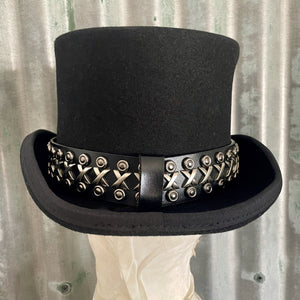 Immortal Kraft Wool Felt Top Hat Black Silver Netal Leather Goth Trim Steampunk Circus Sz L - OOAK