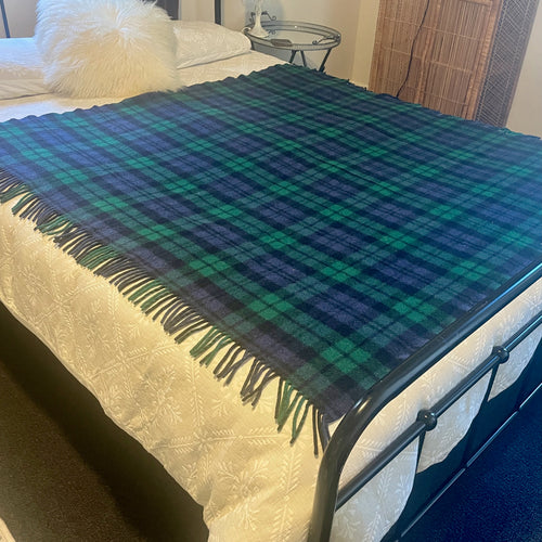 1970's Vintage Wool Blanket Throw Knee Warmer Blue Green Black Check Small - OOAK