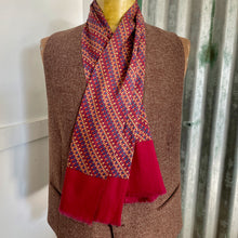 Load image into Gallery viewer, 1970's Vintage Silk Ascot Cravat Neck Scarf Classic Burgundy Blue Geometric  - 26 x 126 cm - OOAK
