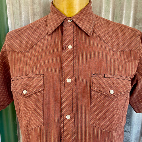 1990's Wrangler Western Men's Brown Striped Snaps S/S Shirt Sz XL  - OOAK