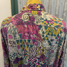 Load image into Gallery viewer, 1990s Vintage Men's Magenta Teal Mustard Abstract Swirl Design L/S Shirt Sz L - OOAK