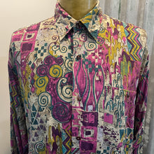 Load image into Gallery viewer, 1990s Vintage Men's Magenta Teal Mustard Abstract Swirl Design L/S Shirt Sz L - OOAK