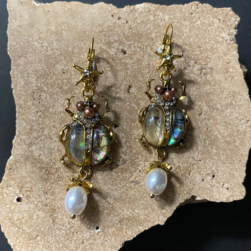 Beetle Drop Earrings with Shell and Pearl - Phoenix Menswear