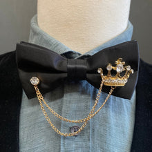 Load image into Gallery viewer, Black Satin Bow Tie with Gold Crown Jewellery and Chain - Steampunk - Phoenix Menswear