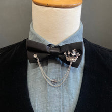 Load image into Gallery viewer, Black Satin Bow Tie with Silver Crown Jewellery and Chain - Steampunk - Phoenix Menswear