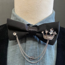 Load image into Gallery viewer, Black Satin Bow Tie with Silver Crown Jewellery and Chain - Steampunk - Phoenix Menswear