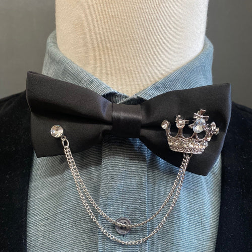 Black Satin Bow Tie with Silver Crown Jewellery and Chain - Steampunk - Phoenix Menswear